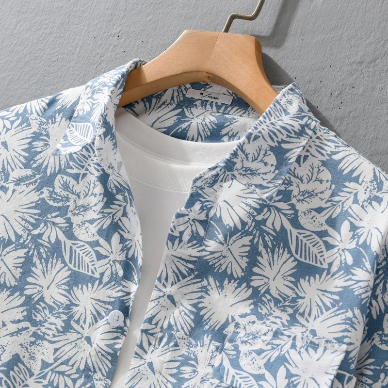 Damen Leichtes Blumenprint-Overshirt aus Leinen-Baumwollmix mit Kentkragen und Brusttasche Drune
