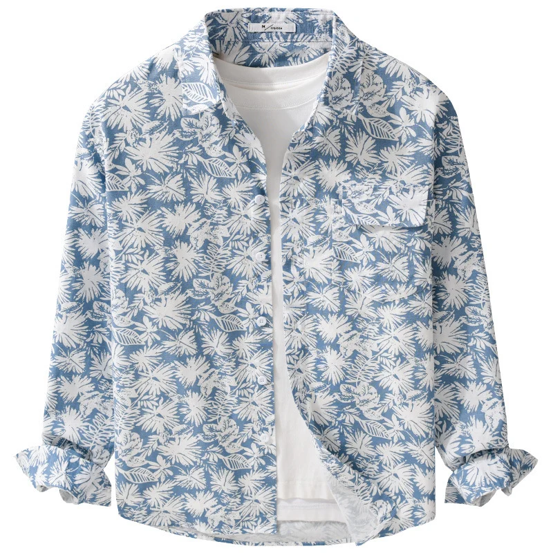 Damen Leichtes Blumenprint-Overshirt aus Leinen-Baumwollmix mit Kentkragen und Brusttasche Drune