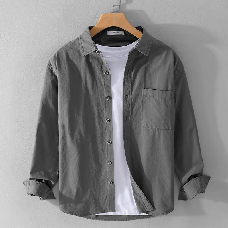 Herren Leichtes Baumwoll-Layering-Overshirt mit Kentkragen, Holzknöpfen und aufgesetzter Brusttasche Drune