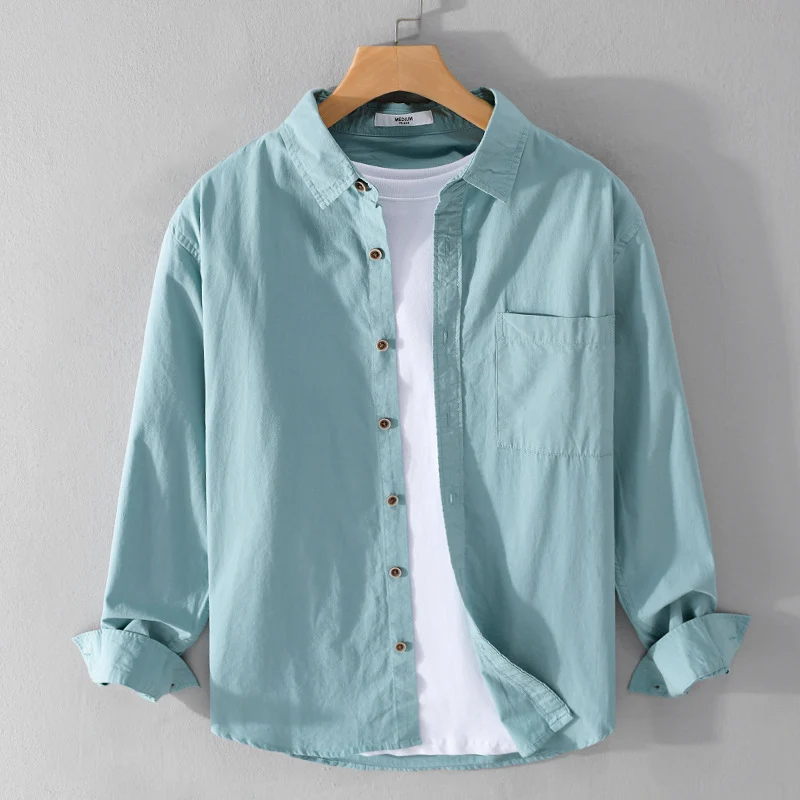 Herren Leichtes Baumwoll-Layering-Overshirt mit Kentkragen, Holzknöpfen und aufgesetzter Brusttasche Drune