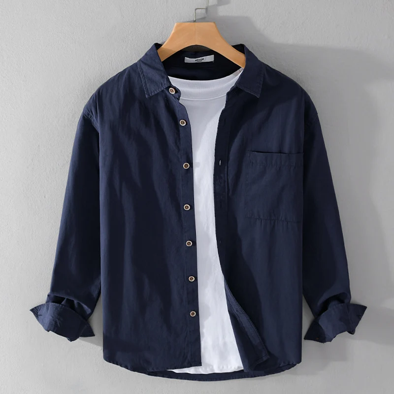 Herren Leichtes Baumwoll-Layering-Overshirt mit Kentkragen, Holzknöpfen und aufgesetzter Brusttasche Drune