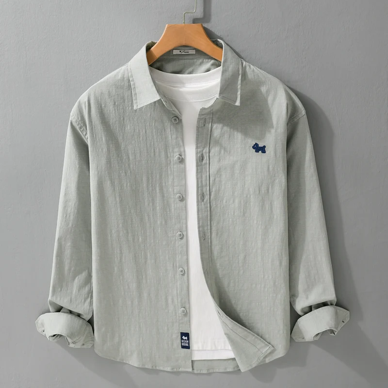 Herren Leichtes Baumwoll-Layering-Hemd mit integriertem T-Shirt-Einsatz und Hundestickerei Drune