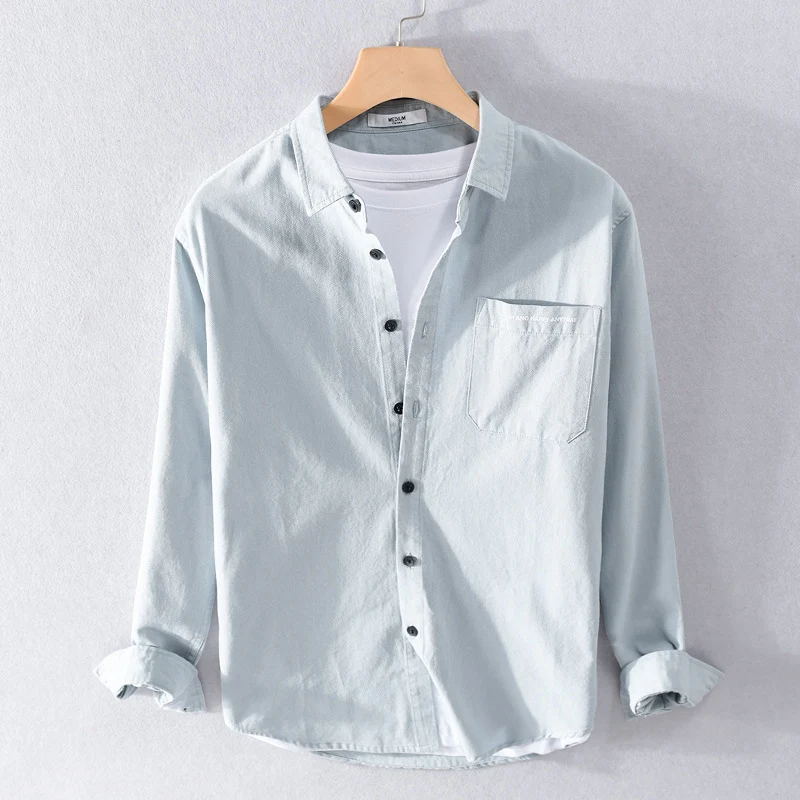 Herren Leichtes Baumwoll-Langarmhemd im Overshirt‑Stil mit Pattentasche und kontrastreichen Knöpfen Drune