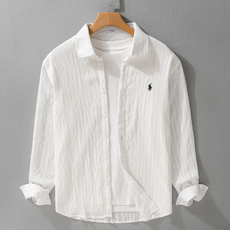 Herren Leichtes Baumwoll-Langarmhemd im Layering‑Stil mit feiner Crinkle‑Struktur und Kentkragen Drune