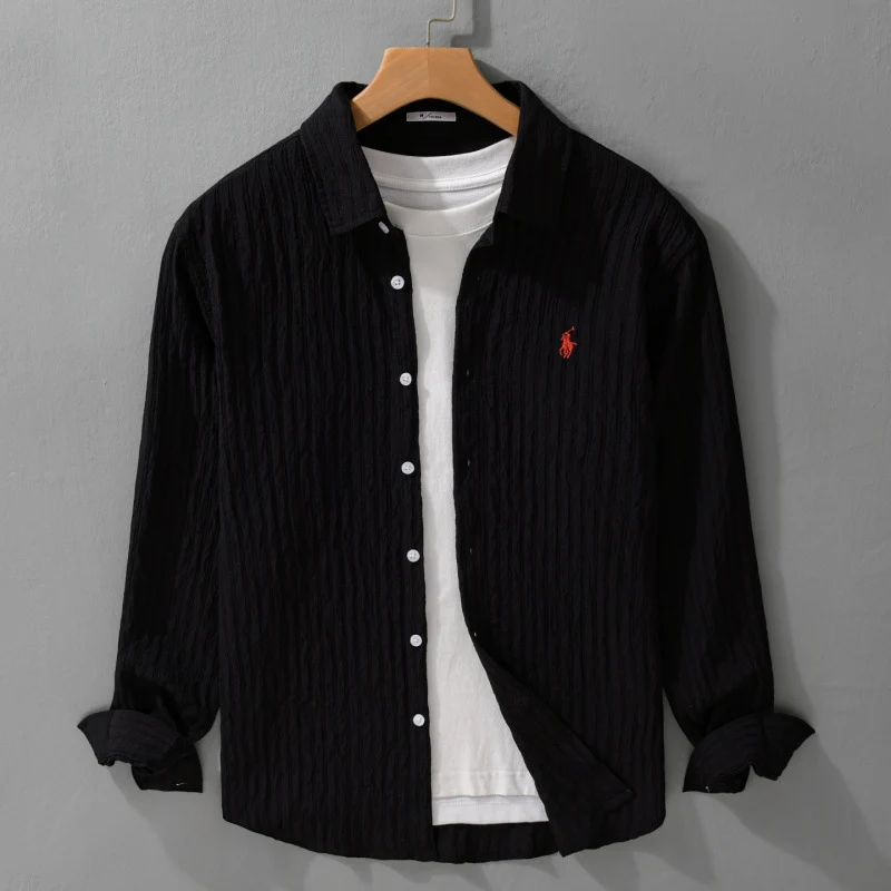 Herren Leichtes Baumwoll-Langarmhemd im Layering‑Stil mit feiner Crinkle‑Struktur und Kentkragen Drune