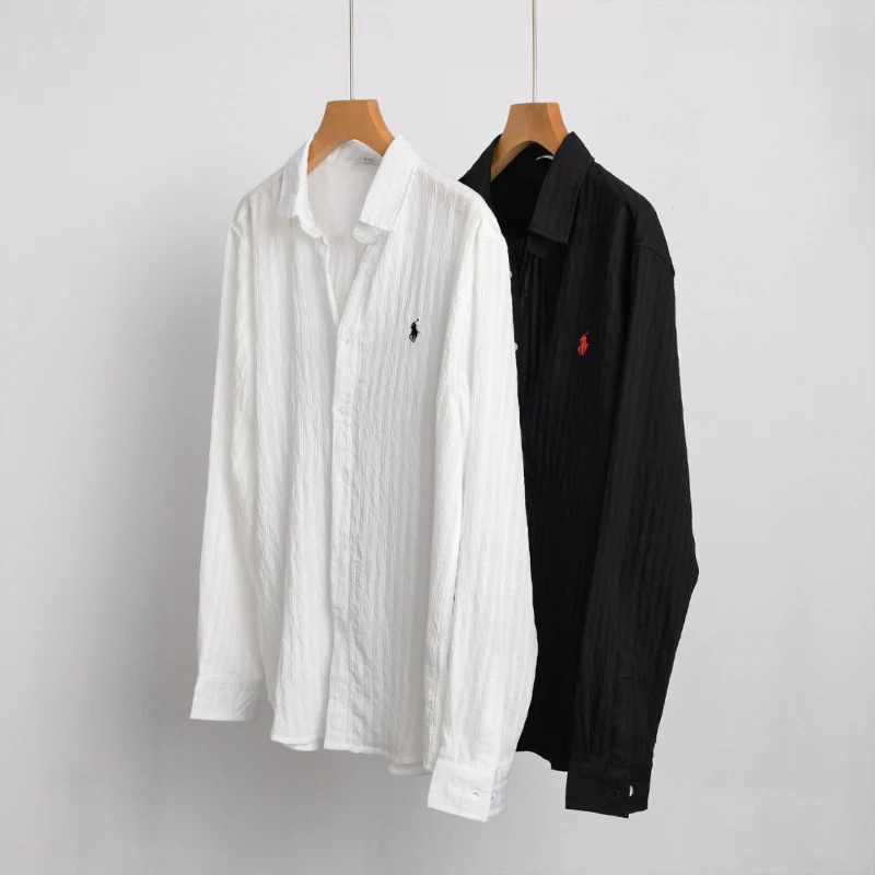 Herren Leichtes Baumwoll-Langarmhemd im Layering‑Stil mit feiner Crinkle‑Struktur und Kentkragen Drune