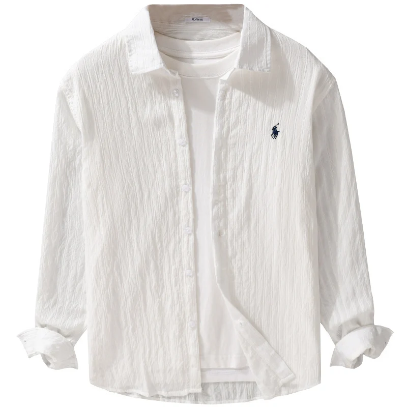 Herren Leichtes Baumwoll-Langarmhemd im Layering‑Stil mit feiner Crinkle‑Struktur und Kentkragen Drune