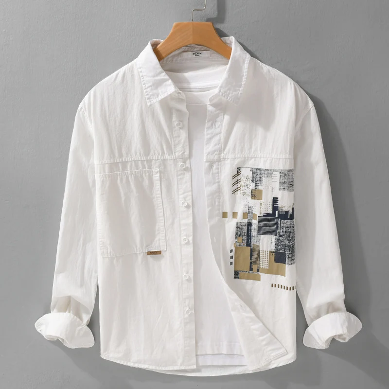 Herren Leichtes Baumwoll-Canvas-Overshirt mit abstraktem Frontprint und Doppelbrusttasche Drune