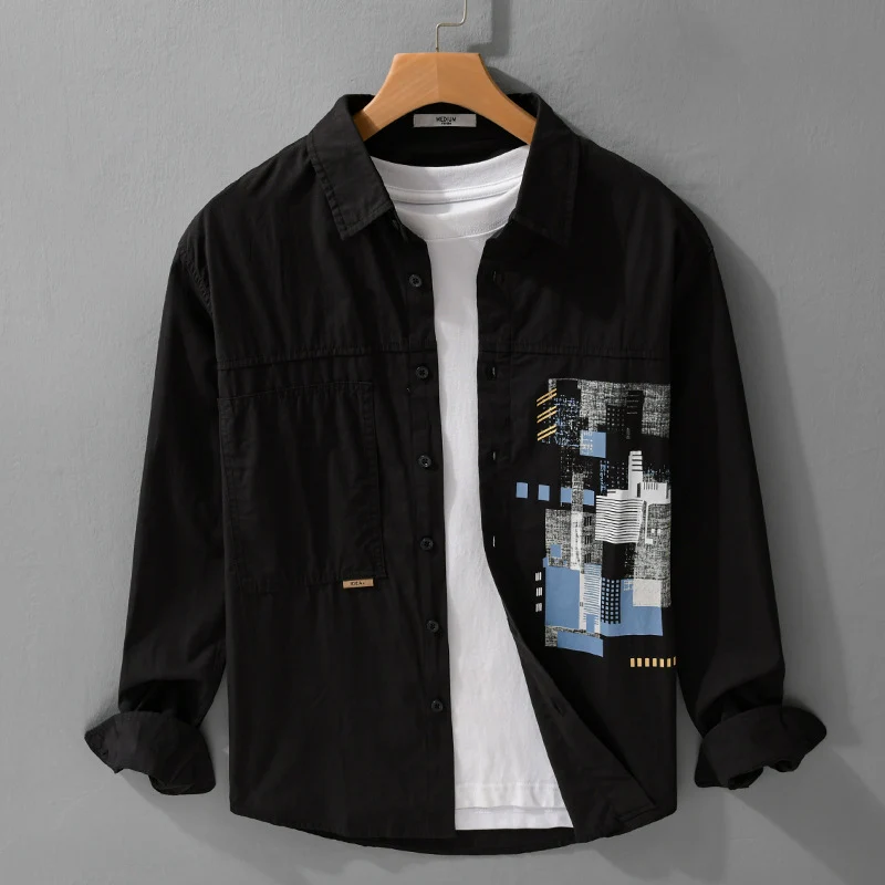 Herren Leichtes Baumwoll-Canvas-Overshirt mit abstraktem Frontprint und Doppelbrusttasche Drune
