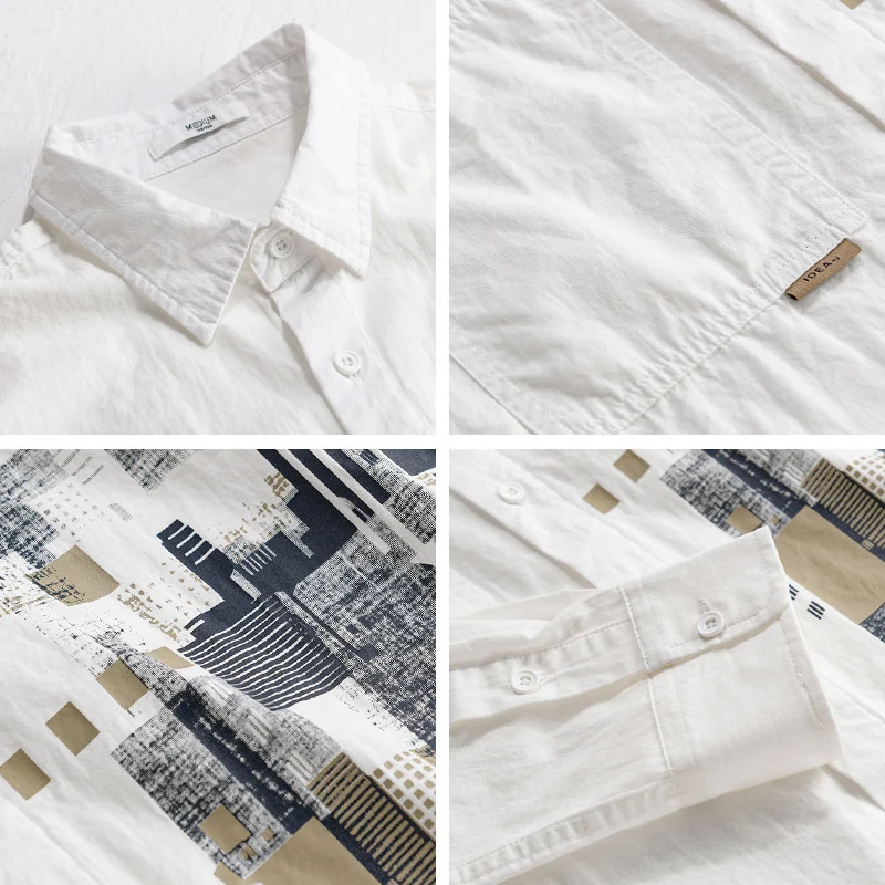 Herren Leichtes Baumwoll-Canvas-Overshirt mit abstraktem Frontprint und Doppelbrusttasche Drune