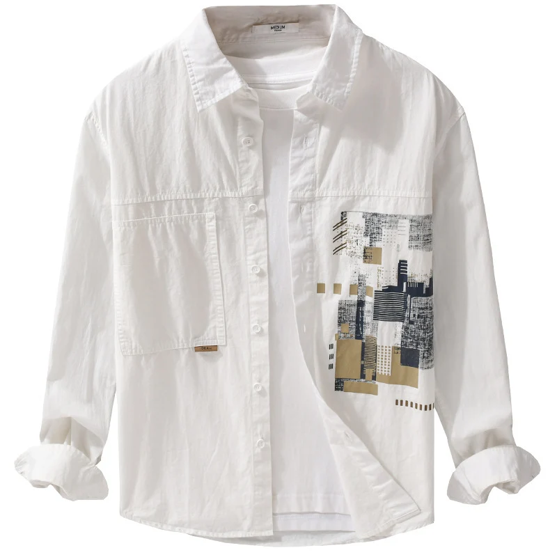 Herren Leichtes Baumwoll-Canvas-Overshirt mit abstraktem Frontprint und Doppelbrusttasche Drune
