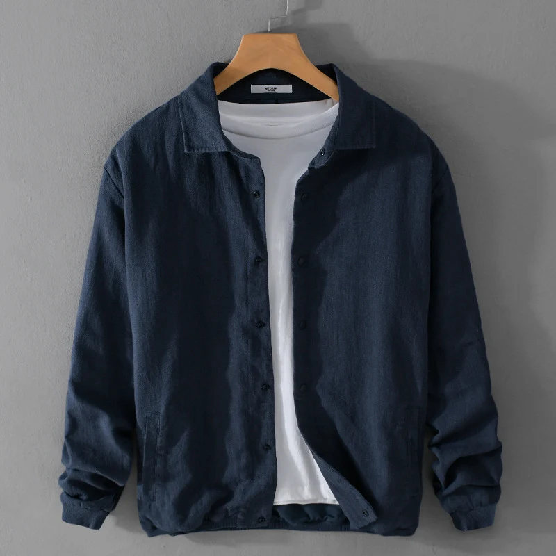 Herren Leichte Leinenjacke mit Hemdkragen, Relaxed Fit und Druckknopfleiste Drune