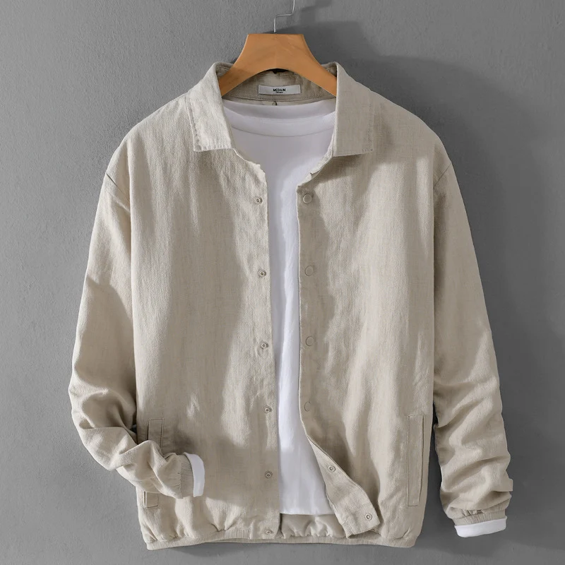 Herren Leichte Leinenjacke mit Hemdkragen, Relaxed Fit und Druckknopfleiste Drune