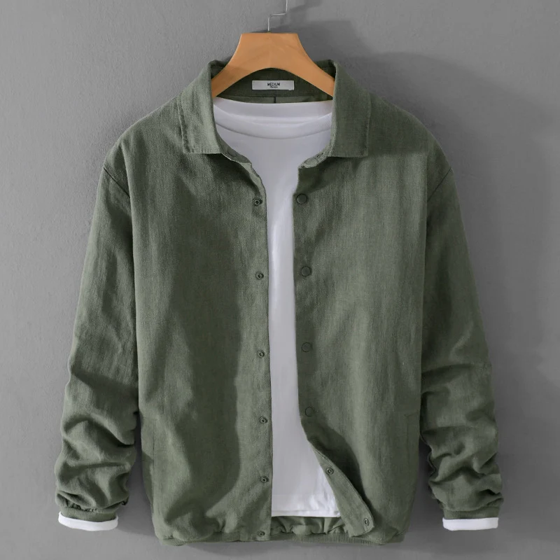 Herren Leichte Leinenjacke mit Hemdkragen, Relaxed Fit und Druckknopfleiste Drune