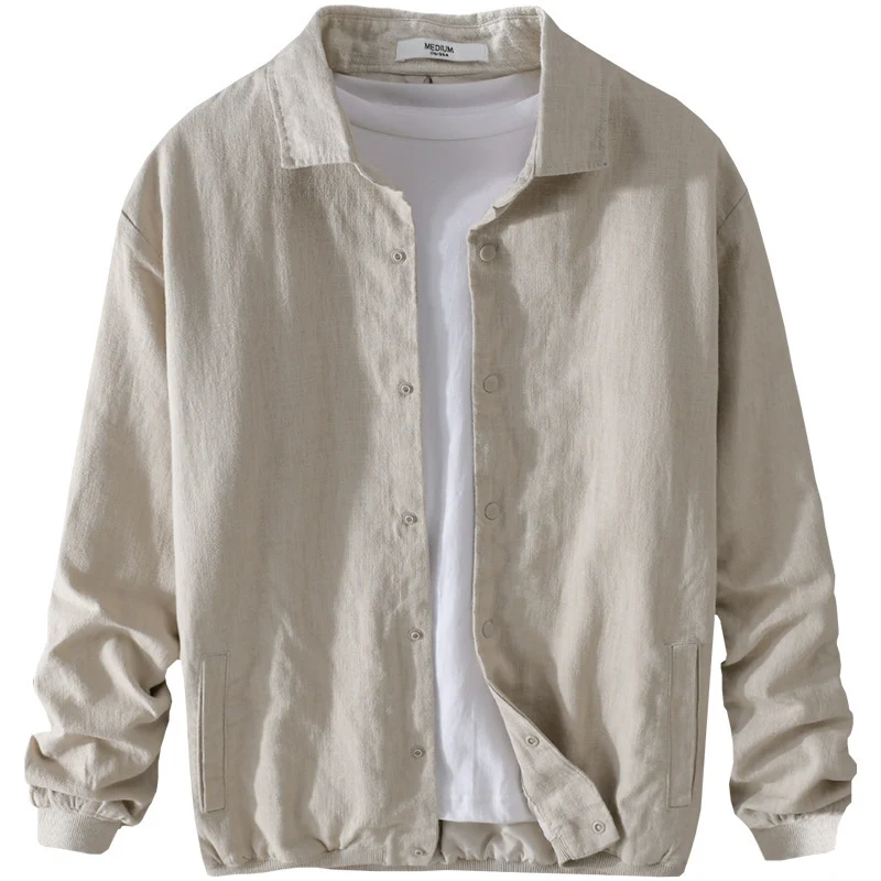 Herren Leichte Leinenjacke mit Hemdkragen, Relaxed Fit und Druckknopfleiste Drune
