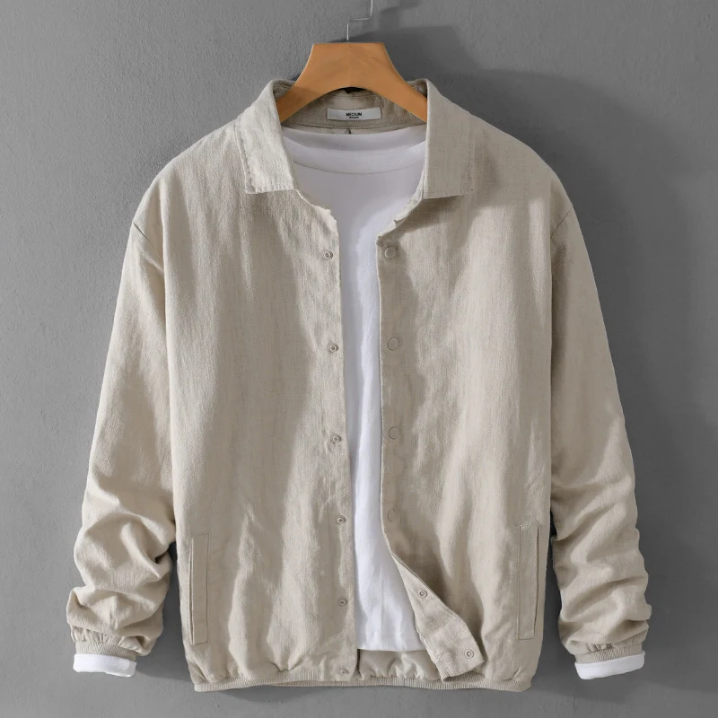 Herren Leichte Leinenjacke mit Hemdkragen, Relaxed Fit und Druckknopfleiste Drune