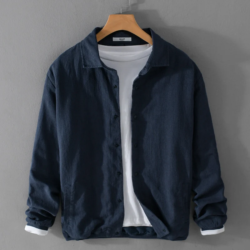 Herren Leichte Leinenjacke mit Hemdkragen, Relaxed Fit und Druckknopfleiste Drune