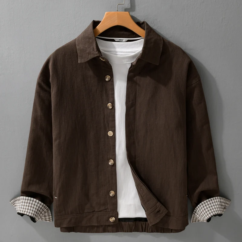 Herren Leichte Leinen-Überhemd-Jacke mit Hemdkragen und verdeckter Knopfleiste Drune
