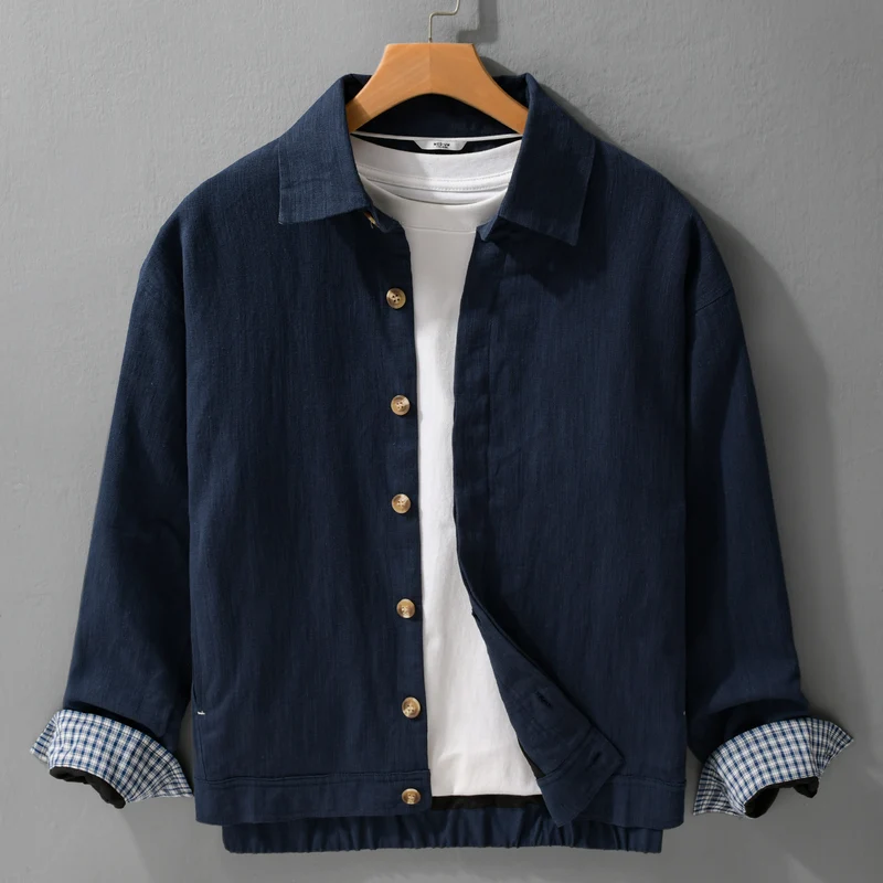 Herren Leichte Leinen-Überhemd-Jacke mit Hemdkragen und verdeckter Knopfleiste Drune