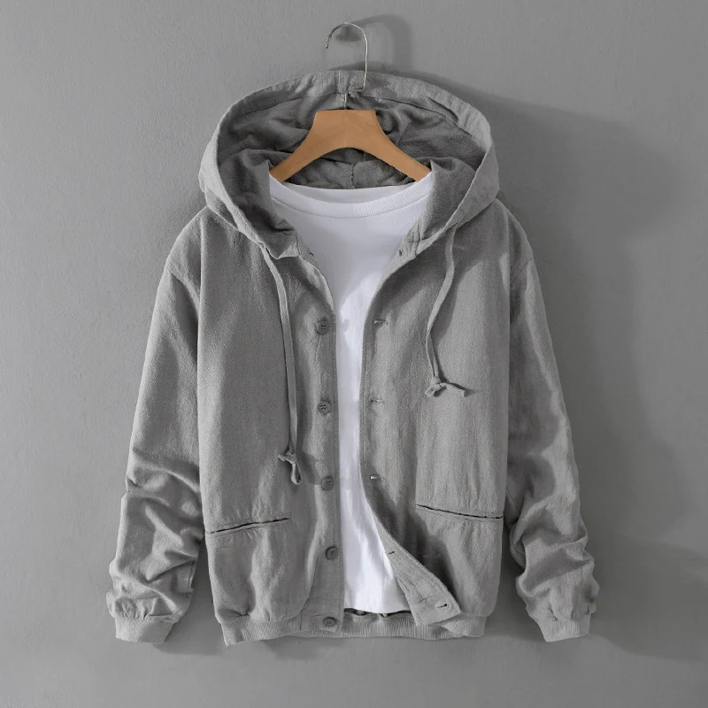 Herren Leichte Leinen-Hoodiejacke mit Knopfleiste und Kordelzug Drune