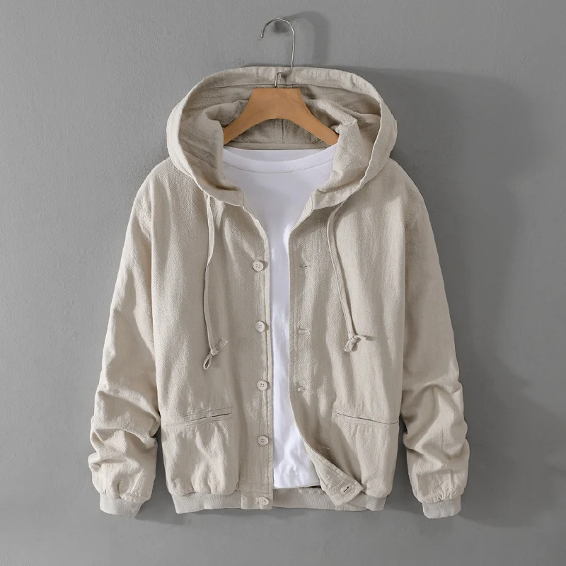 Herren Leichte Leinen-Hoodiejacke mit Knopfleiste und Kordelzug Drune