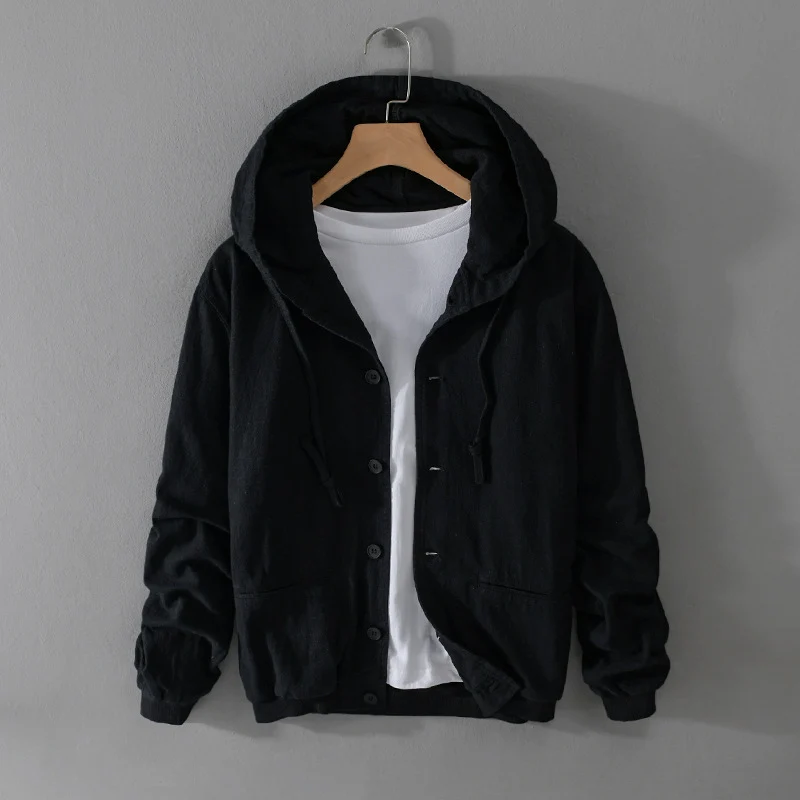 Herren Leichte Leinen-Hoodiejacke mit Knopfleiste und Kordelzug Drune