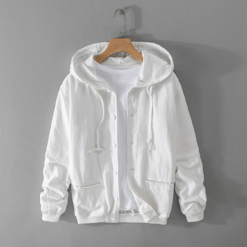 Herren Leichte Leinen-Hoodiejacke mit Knopfleiste und Kordelzug Drune