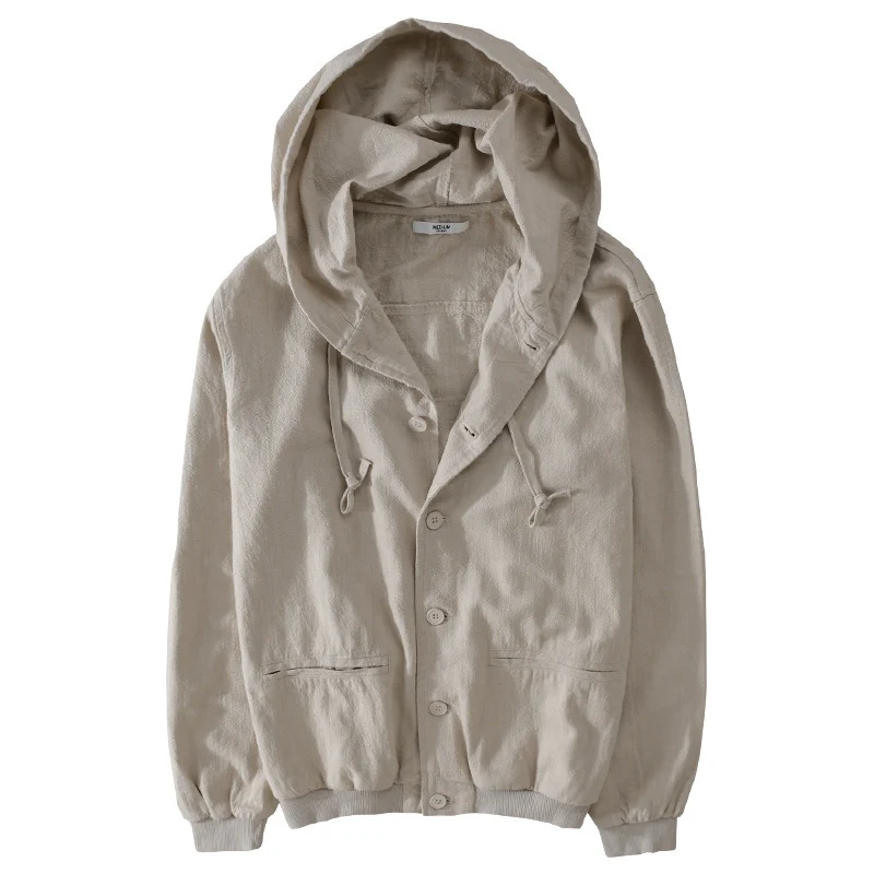 Herren Leichte Leinen-Hoodiejacke mit Knopfleiste und Kordelzug Drune