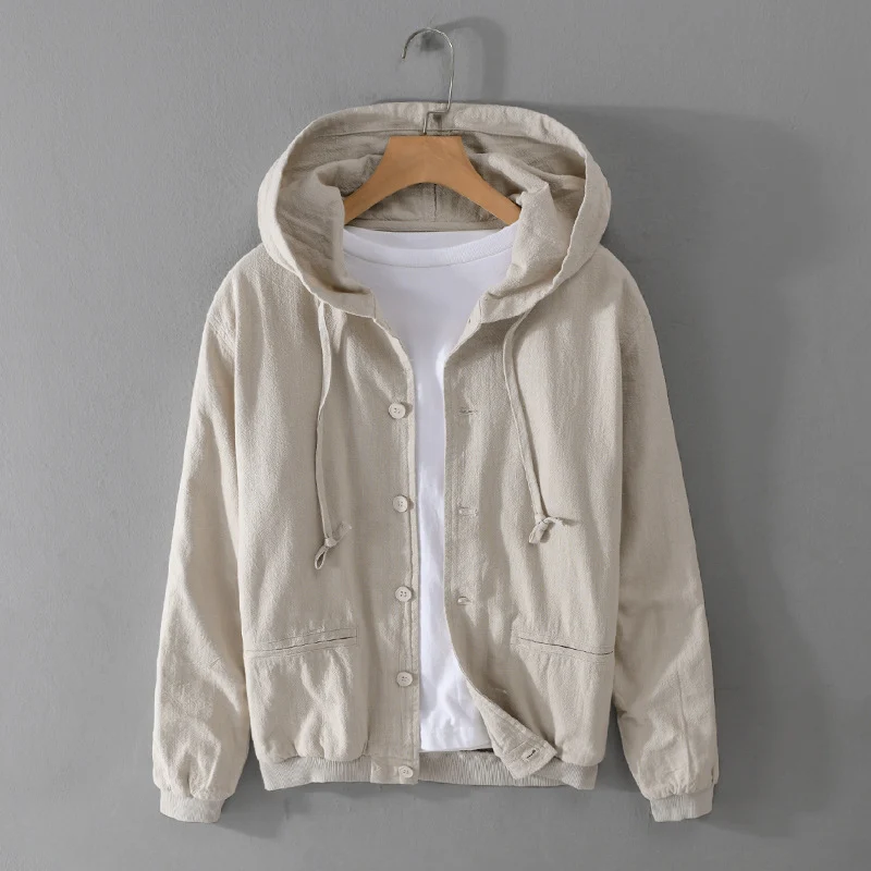 Herren Leichte Leinen-Hoodiejacke mit Knopfleiste und Kordelzug Drune