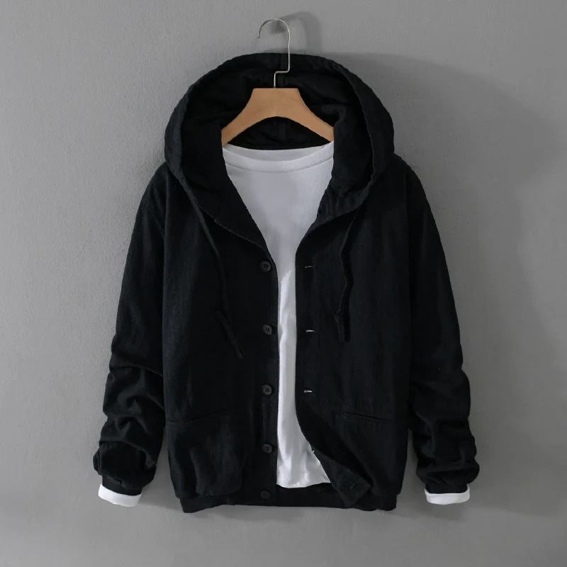 Herren Leichte Leinen-Hoodiejacke mit Knopfleiste und Kordelzug Drune