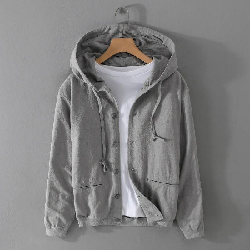 Herren Leichte Leinen-Hoodiejacke mit Knopfleiste und Kordelzug Drune