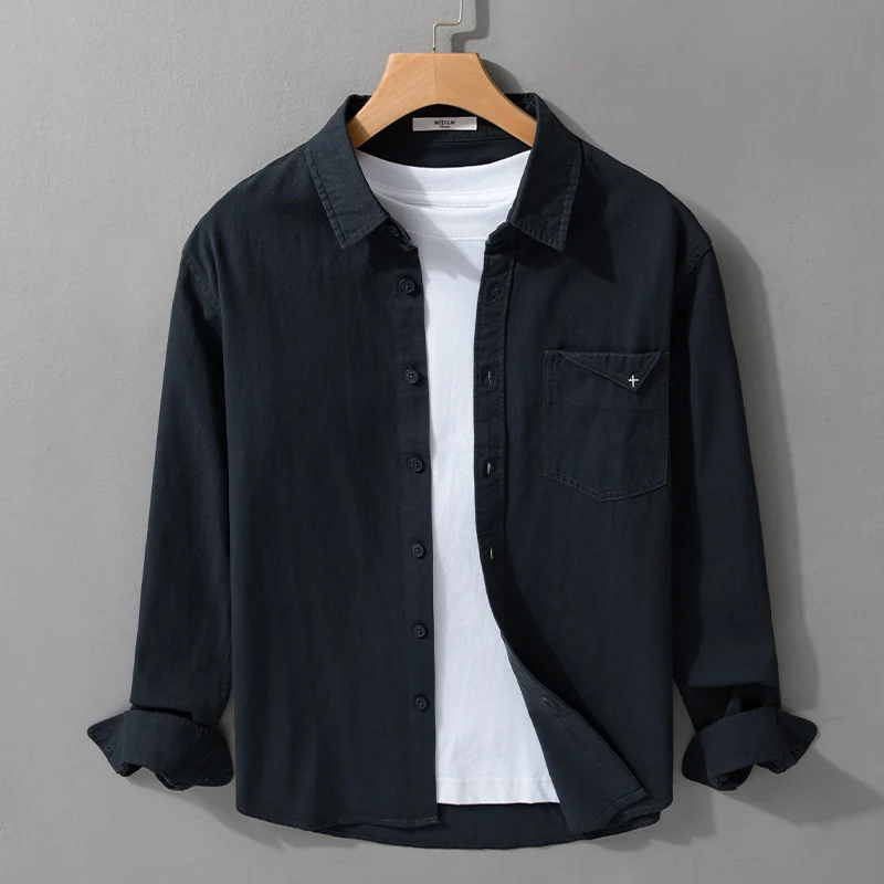 Herren Leichte Baumwoll-Hemdjacke im Layering-Look mit Kentkragen und aufgesetzter Brusttasche Drune