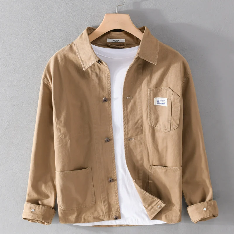 Herren Leichte Baumwoll-Chorejacke im Worker‑Stil mit Kentkragen und aufgesetzten Taschen Drune