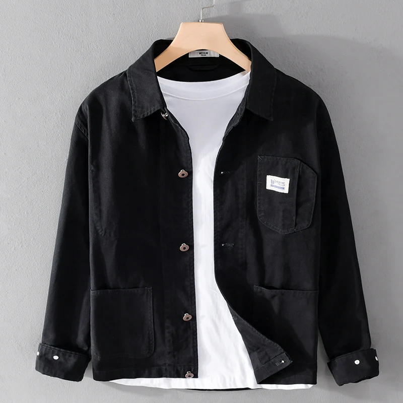 Herren Leichte Baumwoll-Chorejacke im Worker‑Stil mit Kentkragen und aufgesetzten Taschen Drune