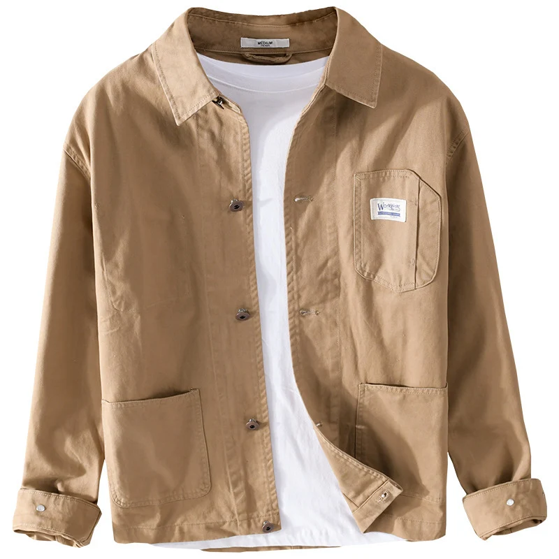 Herren Leichte Baumwoll-Chorejacke im Worker‑Stil mit Kentkragen und aufgesetzten Taschen Drune