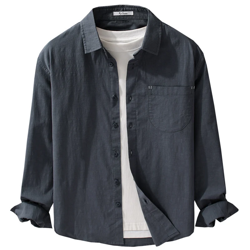Herren Layering-Hemd im Overshirt-Stil aus Baumwoll‑Leinen mit Kentkragen und aufgesetzter Rundtasche Drune