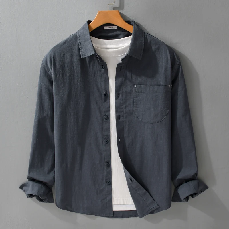 Herren Layering-Hemd im Overshirt-Stil aus Baumwoll‑Leinen mit Kentkragen und aufgesetzter Rundtasche Drune