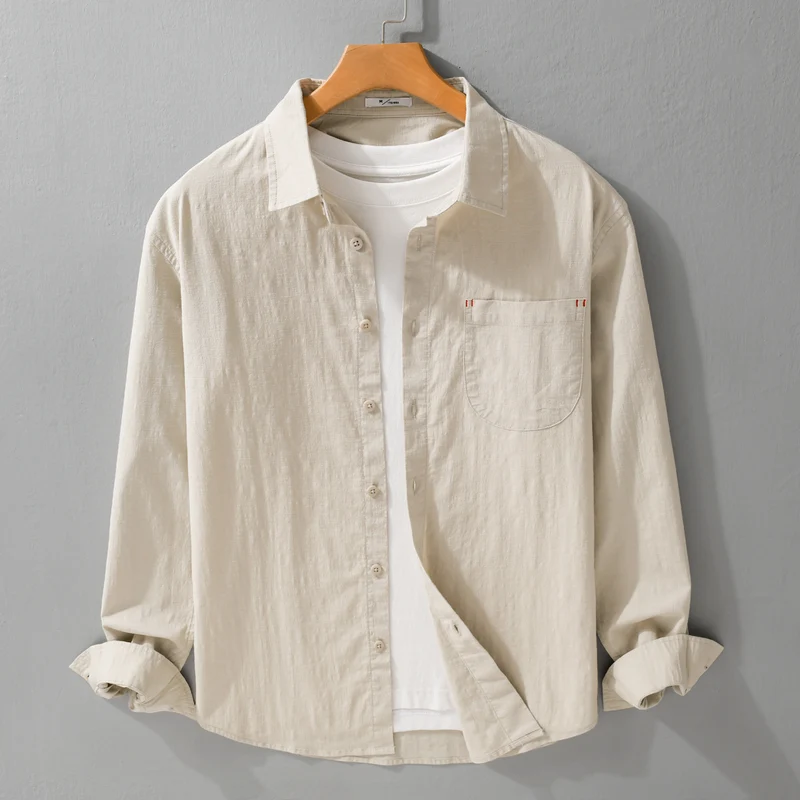 Herren Layering-Hemd im Overshirt-Stil aus Baumwoll‑Leinen mit Kentkragen und aufgesetzter Rundtasche Drune