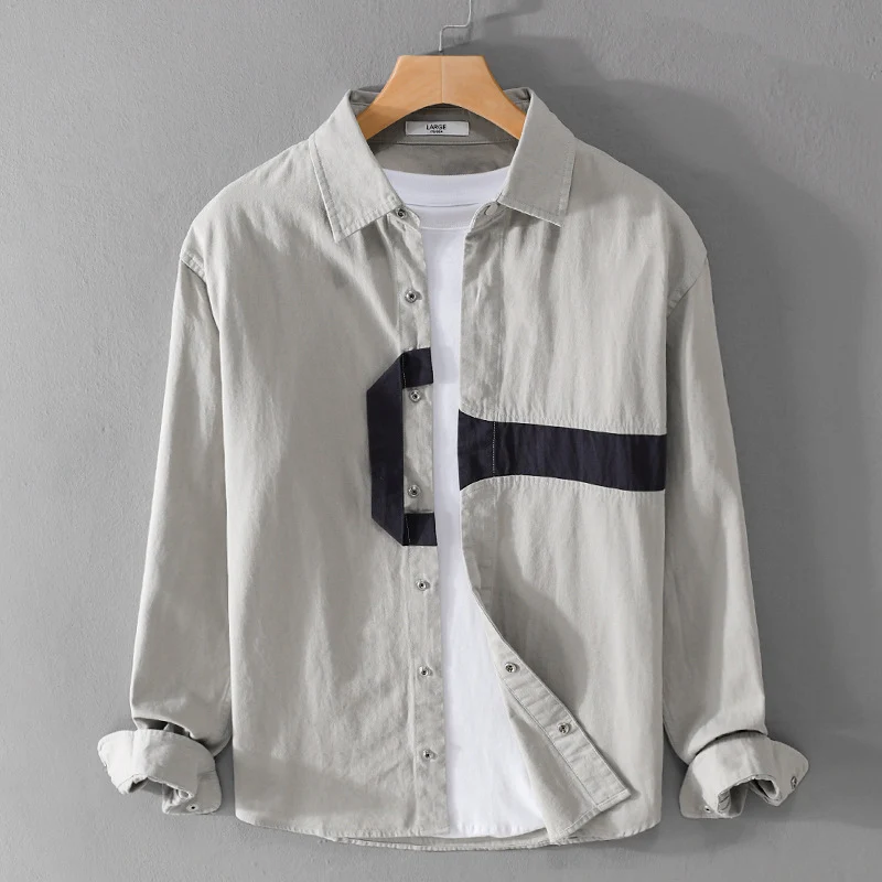 Herren Lässiges Overshirt-Hemd mit geometrischem Kontraststreifen und Druckknopf-Leiste Drune