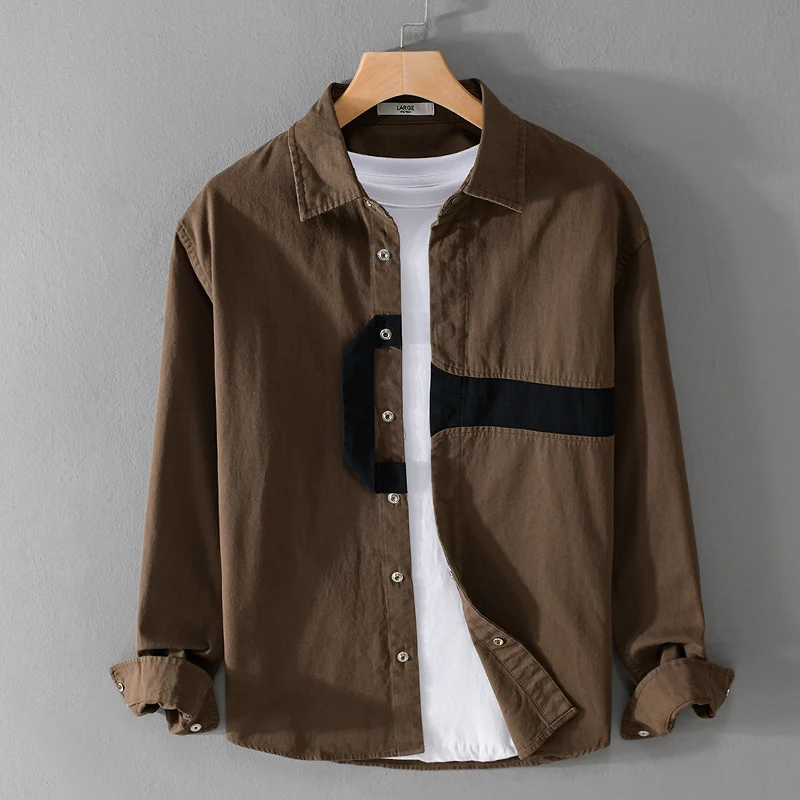 Herren Lässiges Overshirt-Hemd mit geometrischem Kontraststreifen und Druckknopf-Leiste Drune