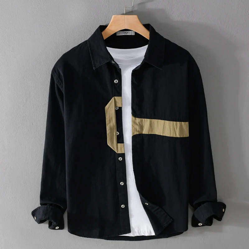 Herren Lässiges Overshirt-Hemd mit geometrischem Kontraststreifen und Druckknopf-Leiste Drune