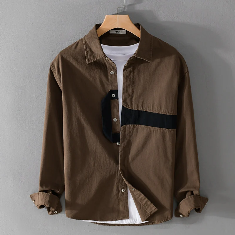 Herren Lässiges Overshirt-Hemd mit geometrischem Kontraststreifen und Druckknopf-Leiste Drune