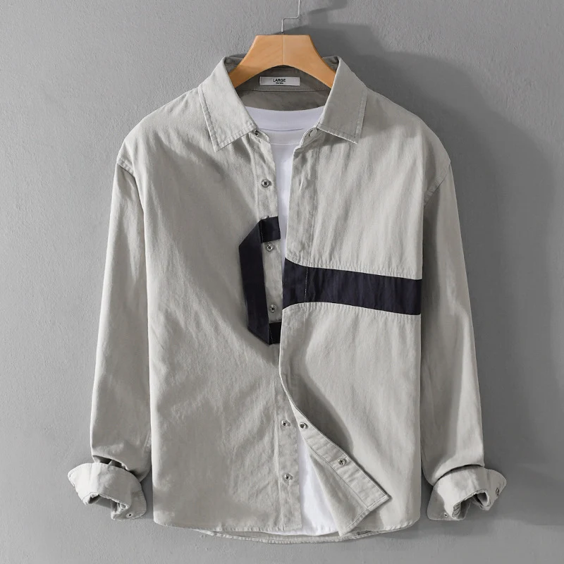 Herren Lässiges Overshirt-Hemd mit geometrischem Kontraststreifen und Druckknopf-Leiste Drune