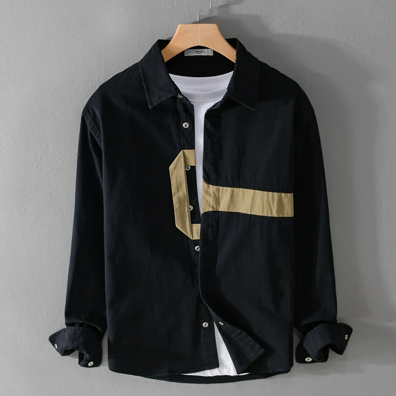 Herren Lässiges Overshirt-Hemd mit geometrischem Kontraststreifen und Druckknopf-Leiste Drune