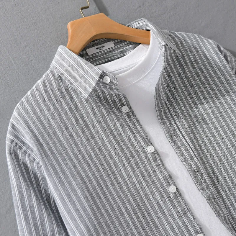 Herren Lässiges Leinen-Baumwoll-Langarmhemd mit feinem Nadelstreifen, Easy‑Care Finish und abgerundetem Saum Drune