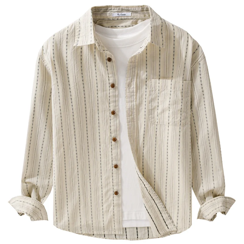 Herren Lässiges Langarm-Overshirt aus Leinen-Baumwollmix mit aufgesetzter Brusttasche Drune