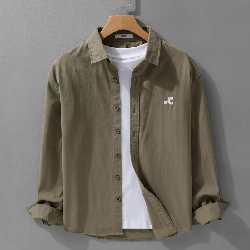 Herren Lässiges Baumwoll-Overshirt mit Kentkragen, dezentem Sticklogo und Relaxed‑Fit Drune