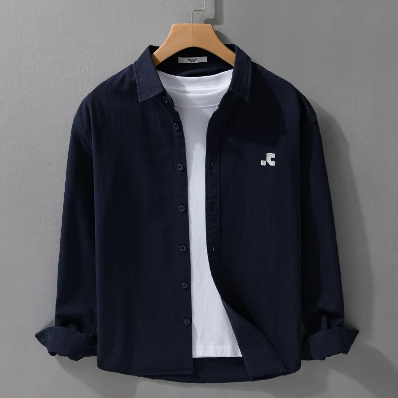 Herren Lässiges Baumwoll-Overshirt mit Kentkragen, dezentem Sticklogo und Relaxed‑Fit Drune