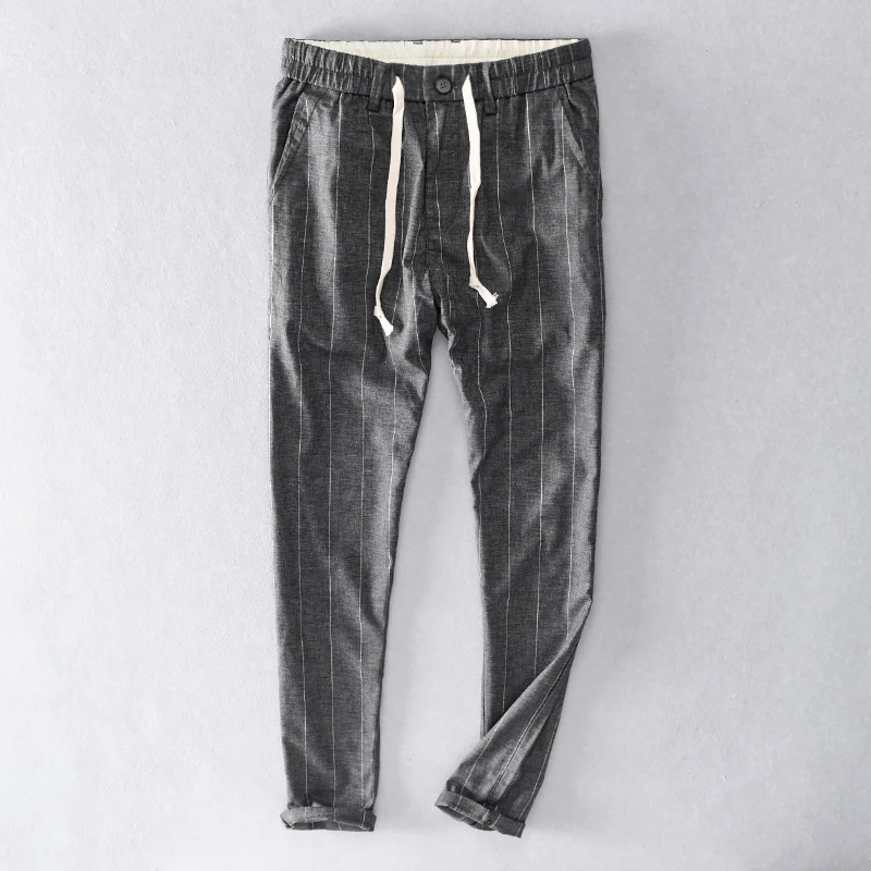 Herren lässige Hose mit elastischem Bund und Kordel schmal zulaufend Nadelstreifenoptik Drune