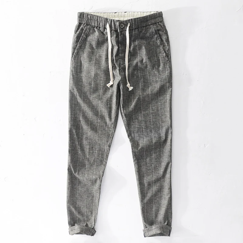 Herren lässige Hose mit elastischem Bund und Kordel schmal zulaufend Nadelstreifenoptik Drune
